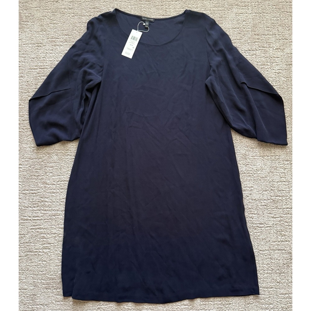 NWT Eileen Fisher Navy Silk Georgette Crepe Ballet Neck Shift Dress M $378